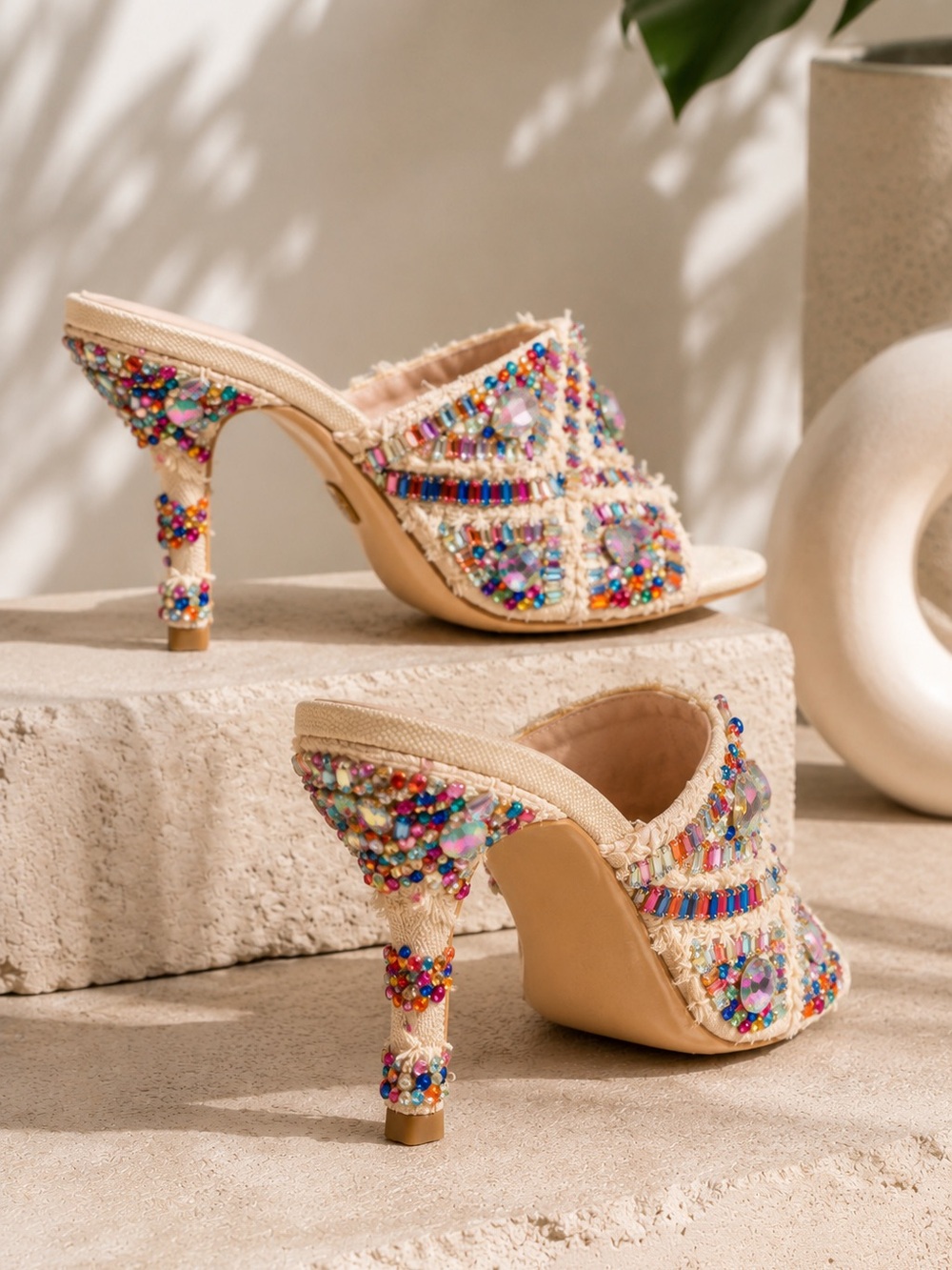 Azalea Wang Jeweled Crystal Slide Heels | Multicolor Statement Mules - Size 6.5 - Picture 3 of 11